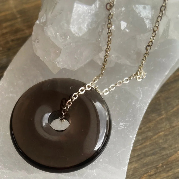 Smokey Quartz donut sterling silver necklace/worry stone healings crystal - Picture 1 of 8